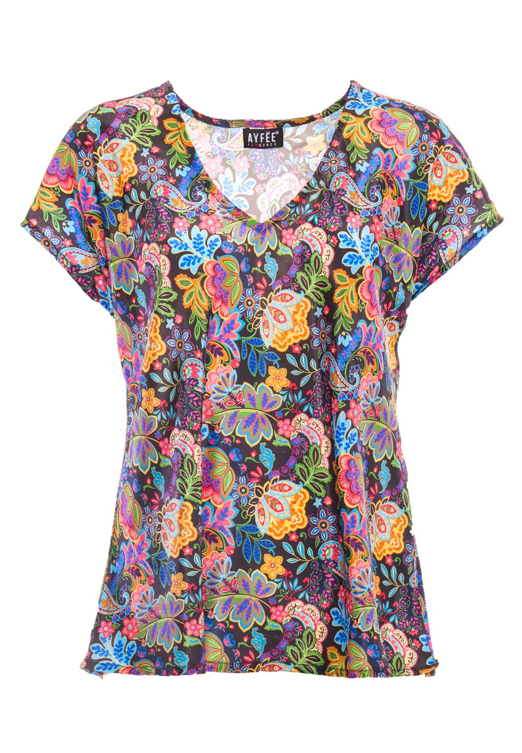 BLUSA SCOLLO V MANICA CORTA, 3 TG. 90% POLY 10% SETA, MADE IN INDIA